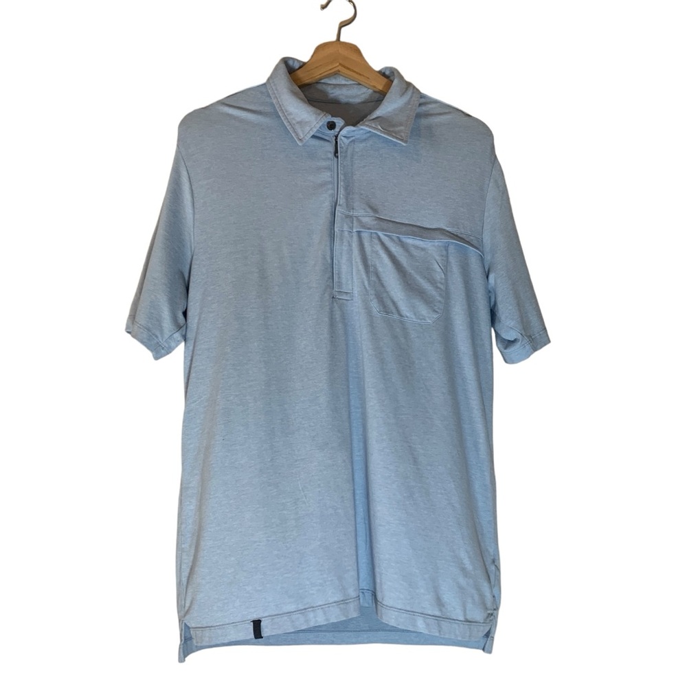 QOR Light Blue Short Sleeve Mens Polo Quarter Zip Breast Pocket Shirt Size M